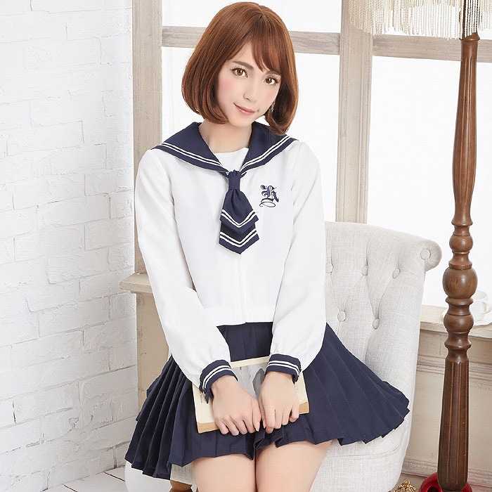 胸刺繍入り紺×白ネクタイタイセーラー服(長袖) 品番 b2004